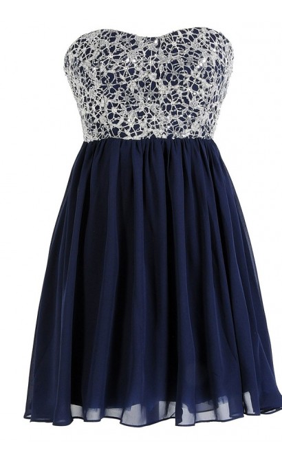 Stars In The Sky Sequin Lace Overlay Designer Dress by Minuet in Navy